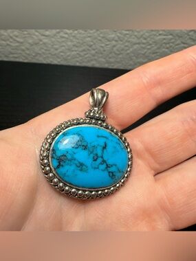 Vintage HAN 925 Sterling Silver Blue Pendant Victorian Beaded Round Beauty Mcm